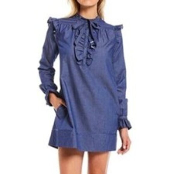 LDT Francesca Dress Ruffles Long Sleeve High Tie Collar Pockets Shift Ivory 8 - Picture 3 of 10